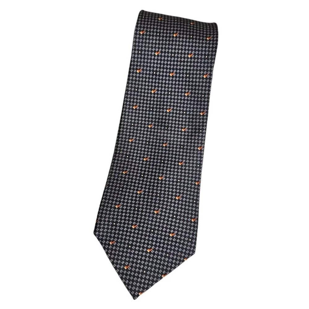 LANCEL Men's 100% Silk Necktie LUXURY Tie Gray Geometric W:3.7" EUC